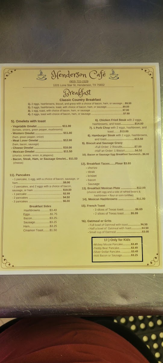 Henderson Cafe menu board
