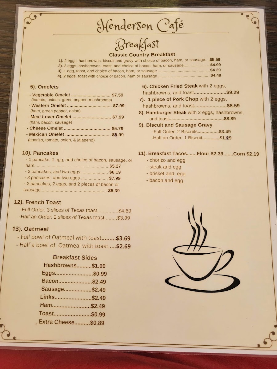 Henderson Cafe menu board