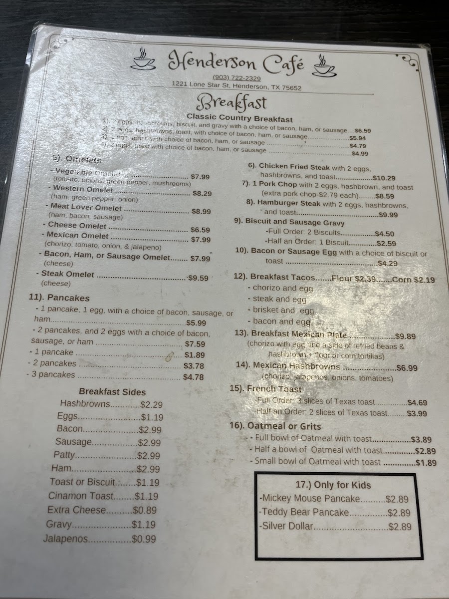 Henderson Cafe menu board