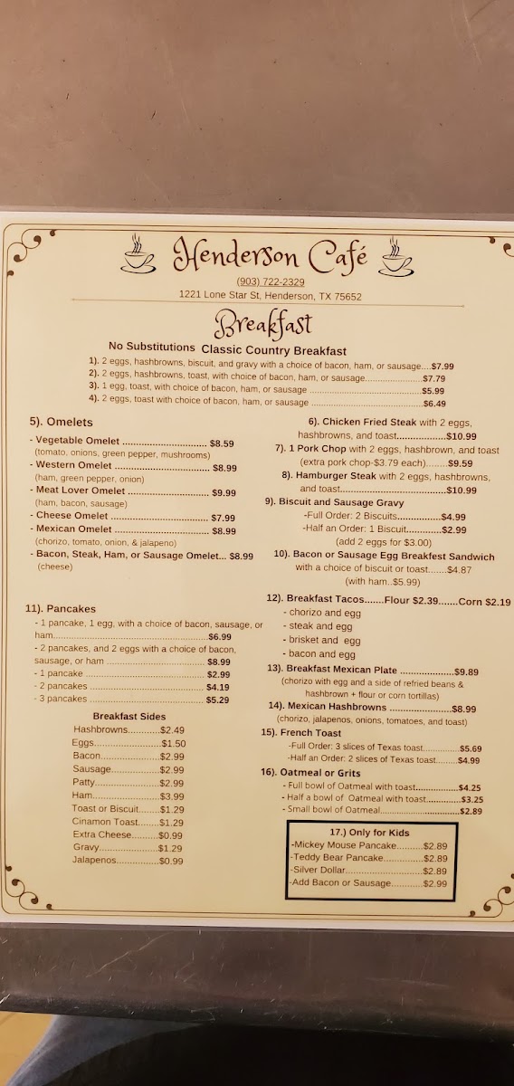 Henderson Cafe menu board