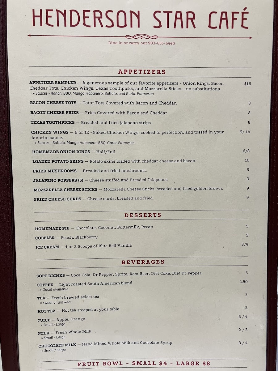 Henderson Star Cafe menu board