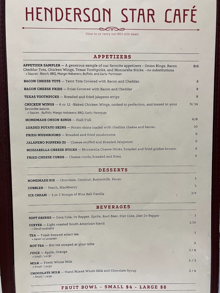Henderson Star Cafe menu board