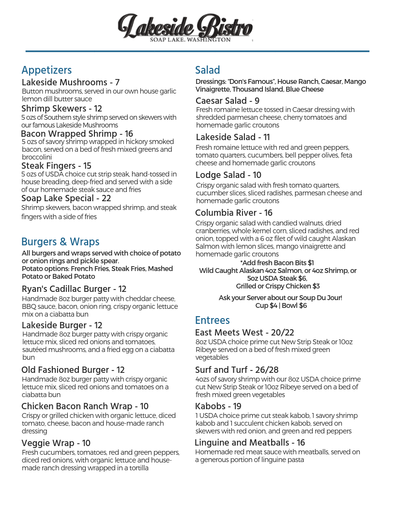 Lakeside Bistro menu board
