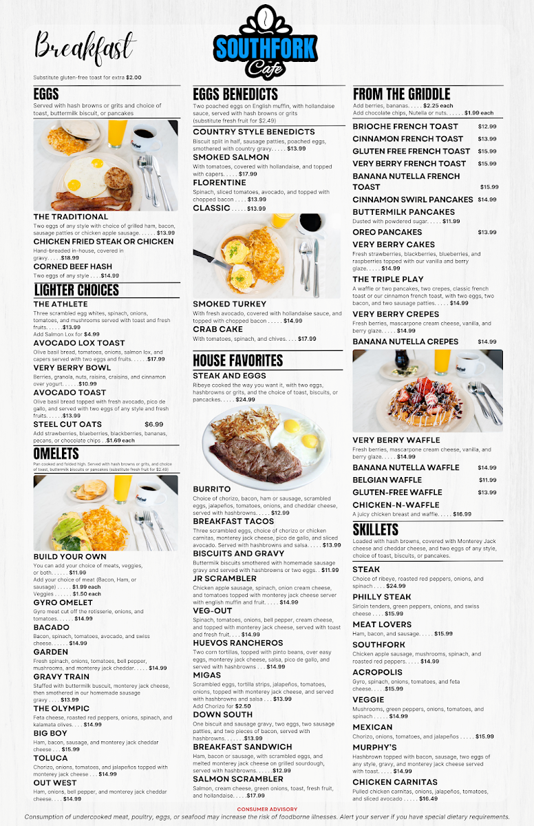South Fork Cafe Plano menu board