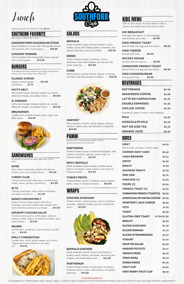 South Fork Cafe Plano menu board
