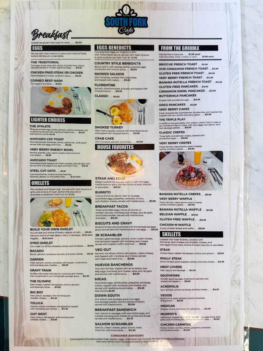 South Fork Cafe Plano menu board