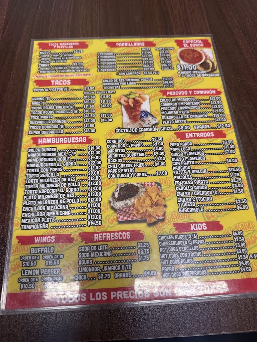 Carnes Asadas El Gordo menu board