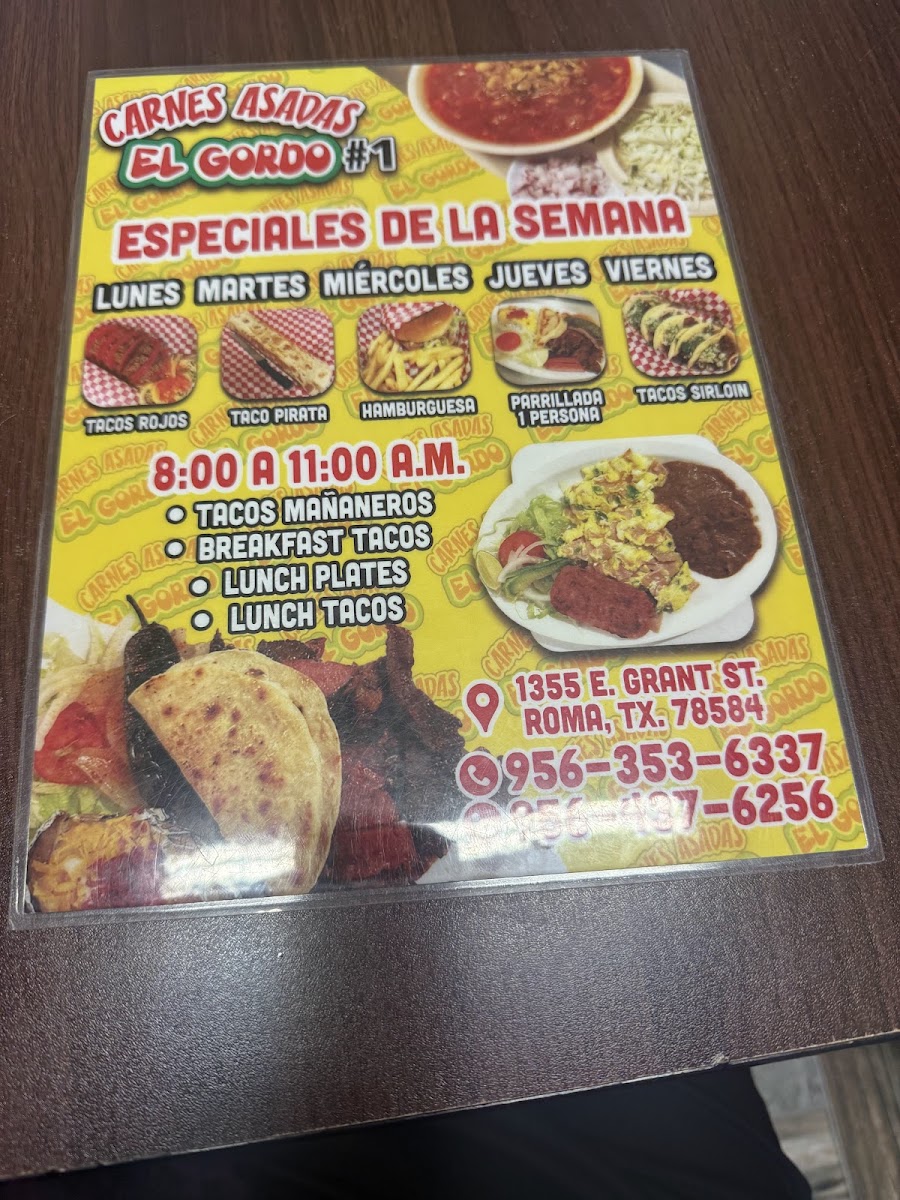 Carnes Asadas El Gordo menu board
