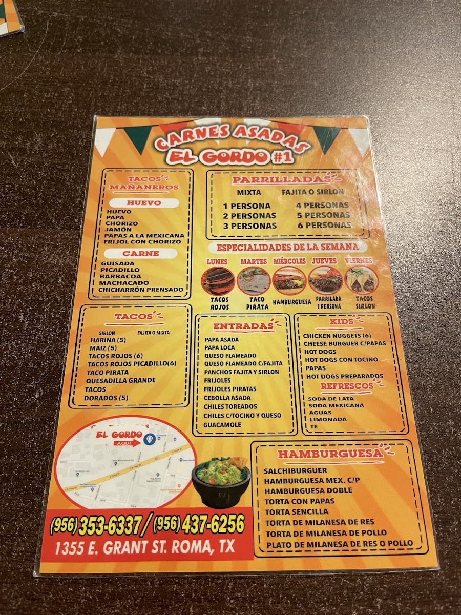 Carnes Asadas El Gordo menu board