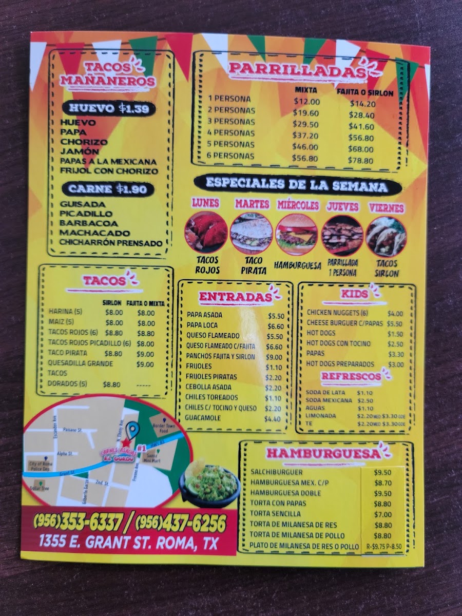 Carnes Asadas El Gordo menu board