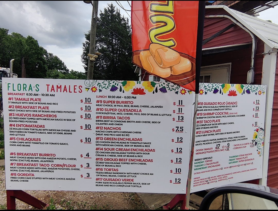 Flora's Tamales menu board