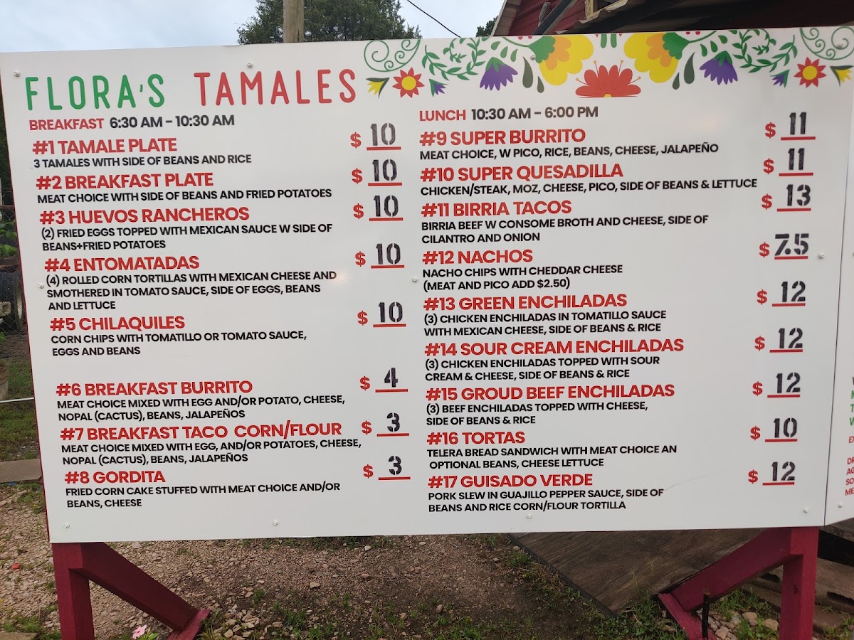 Flora's Tamales menu board