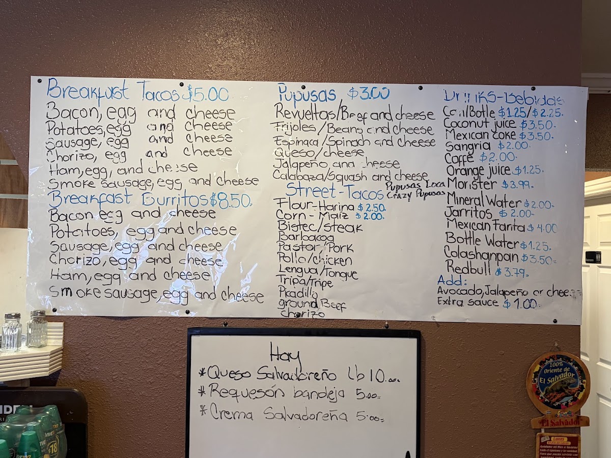 Lilys Tacos y Pupuseria menu board