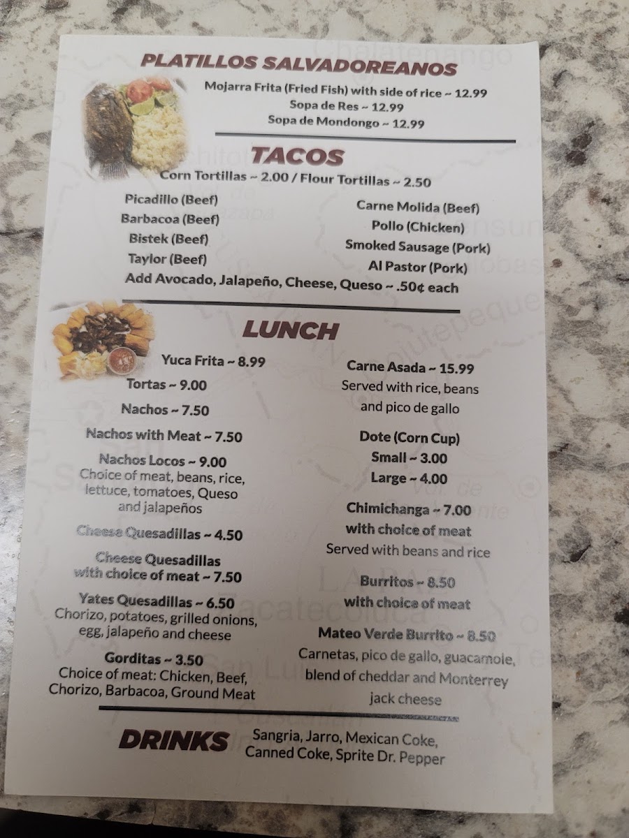 Lilys Tacos y Pupuseria menu board