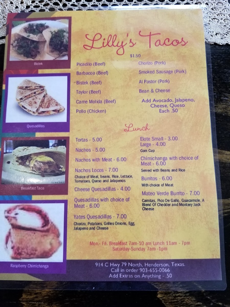 Lilys Tacos y Pupuseria menu board