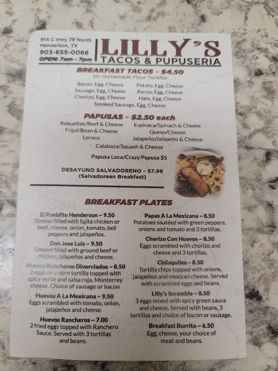 Lilys Tacos y Pupuseria menu board