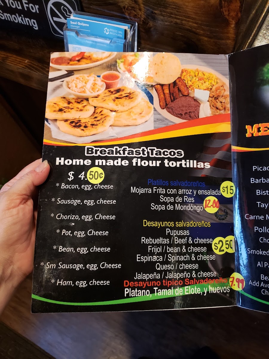 Lilys Tacos y Pupuseria menu board