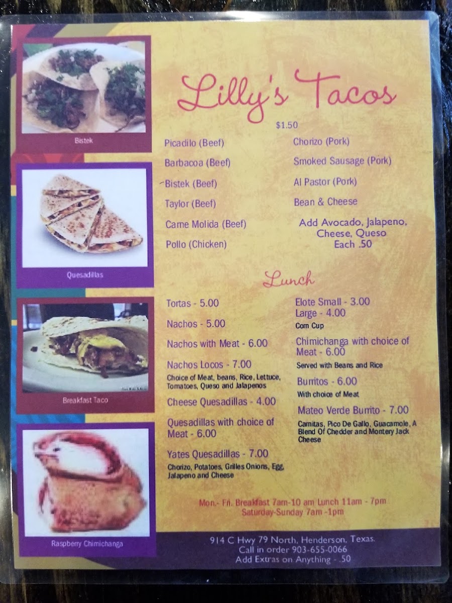 Lilys Tacos y Pupuseria menu board