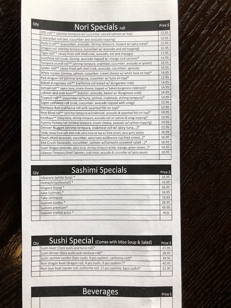 Nori Sushi menu board