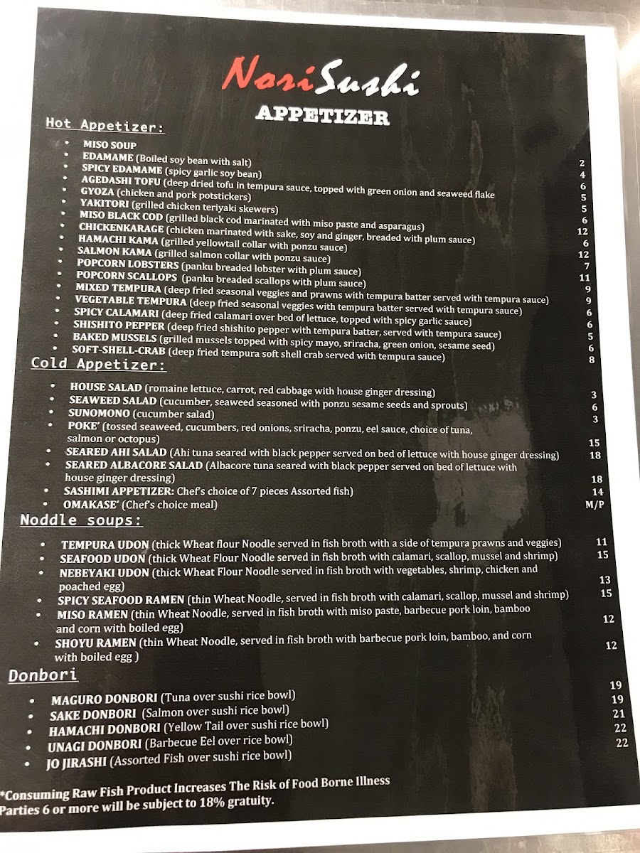 Nori Sushi menu board