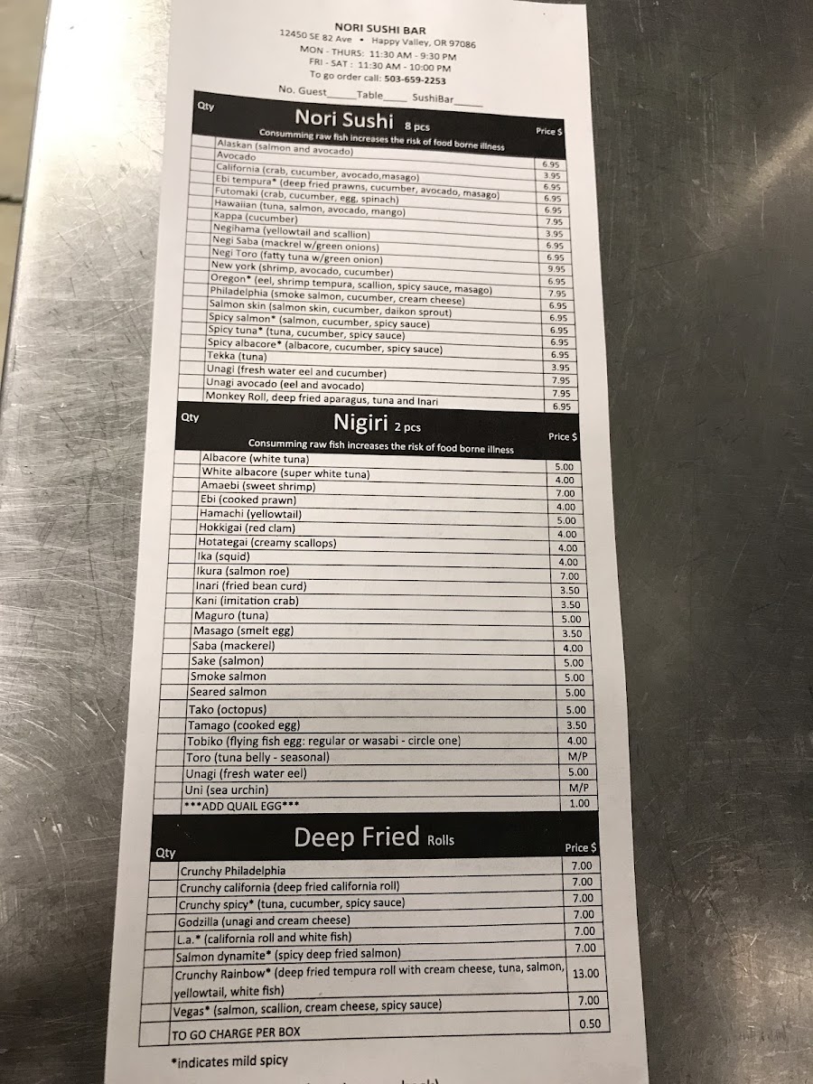 Nori Sushi menu board