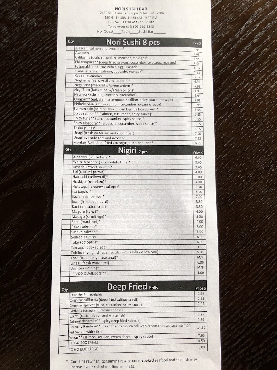 Nori Sushi menu board