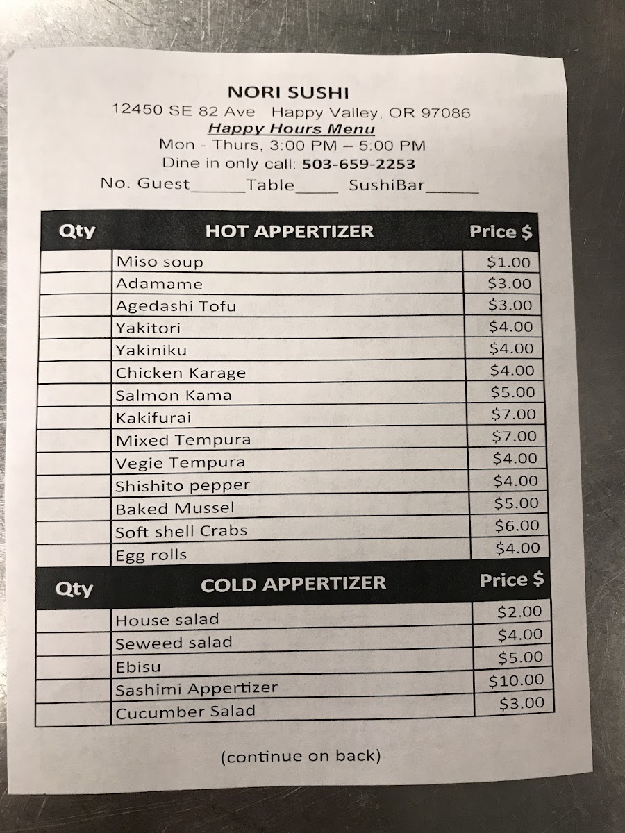 Nori Sushi menu board