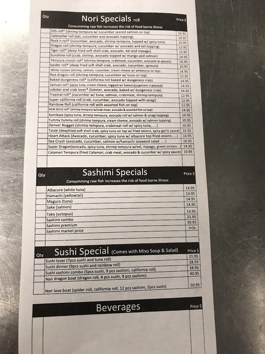Nori Sushi menu board