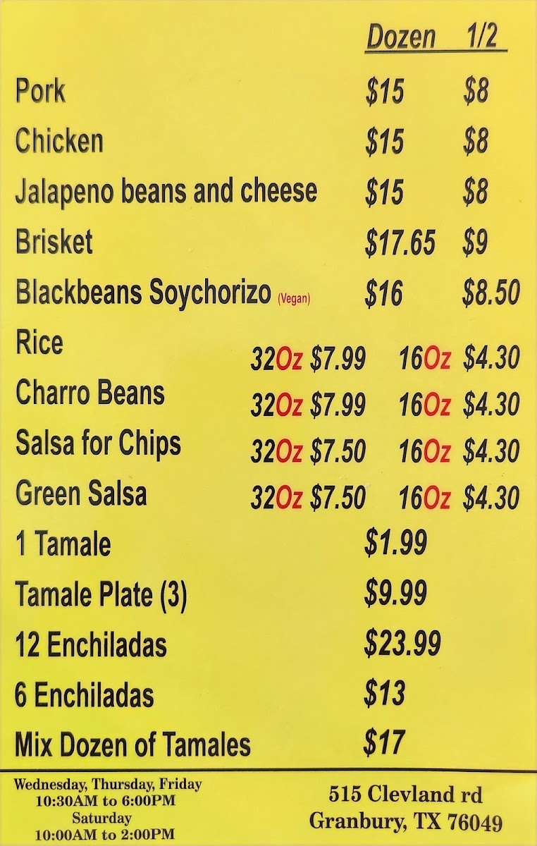 Josefina’s Tamales menu board