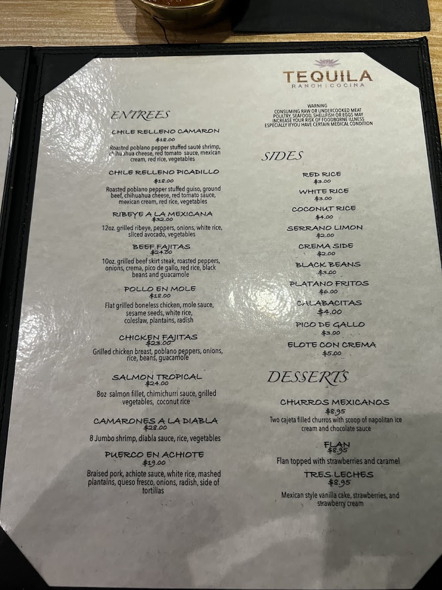 Tequila Ranch Cocina menu board