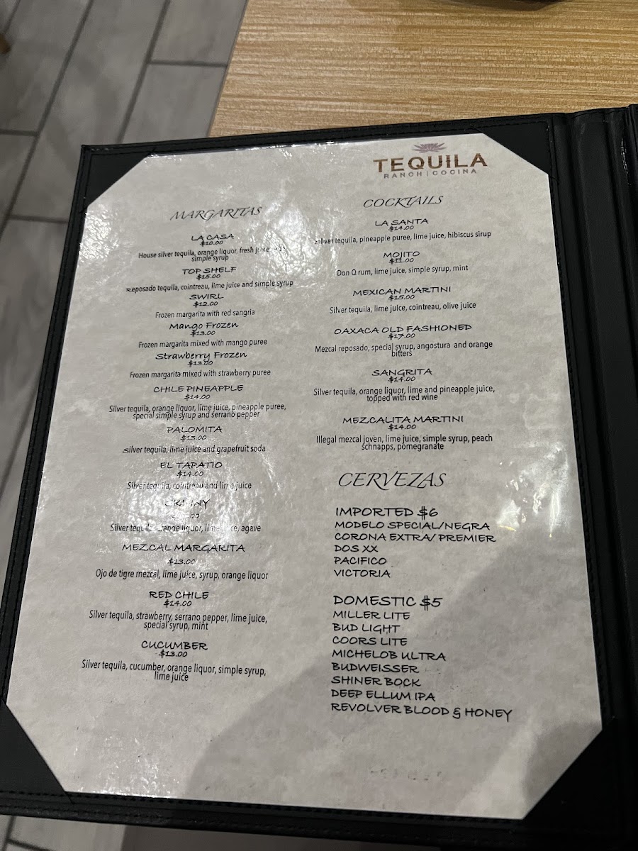 Tequila Ranch Cocina menu board