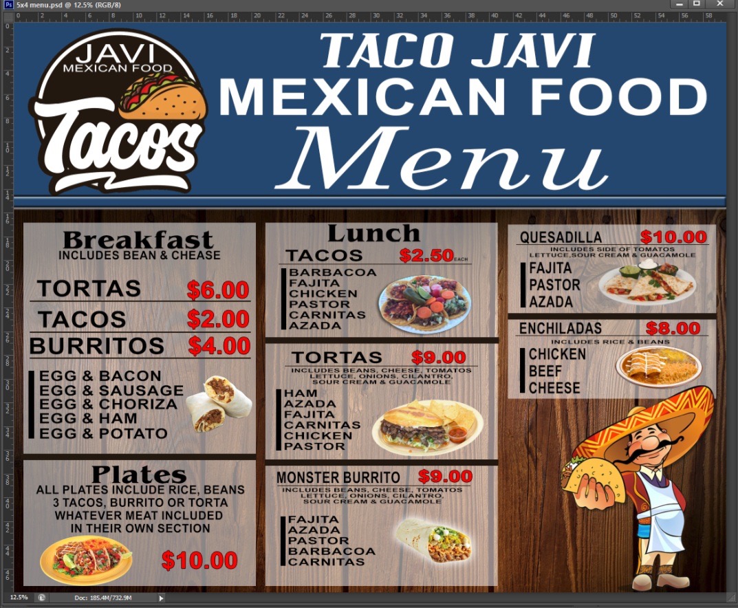 Javi tacos menu board