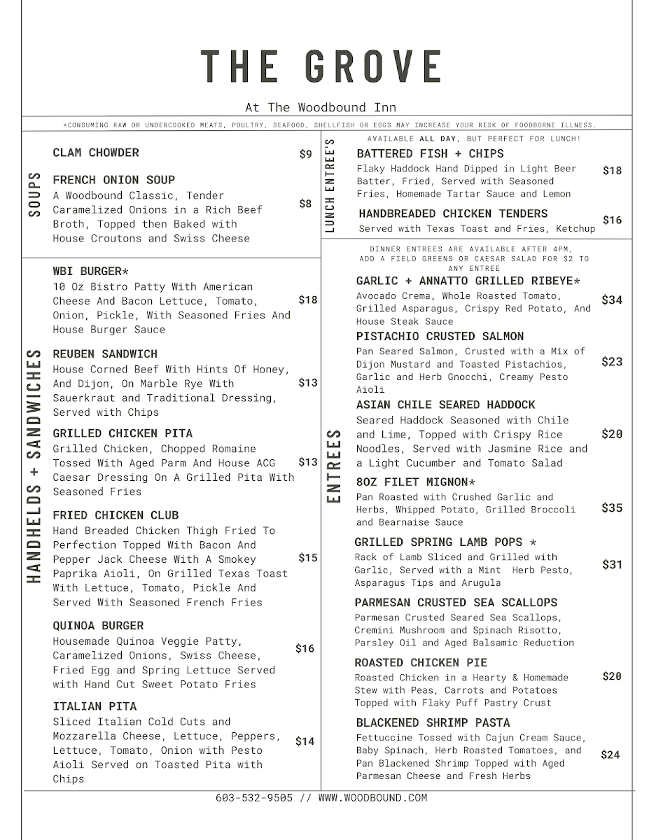 The Grove At Woodbound Inn menu board