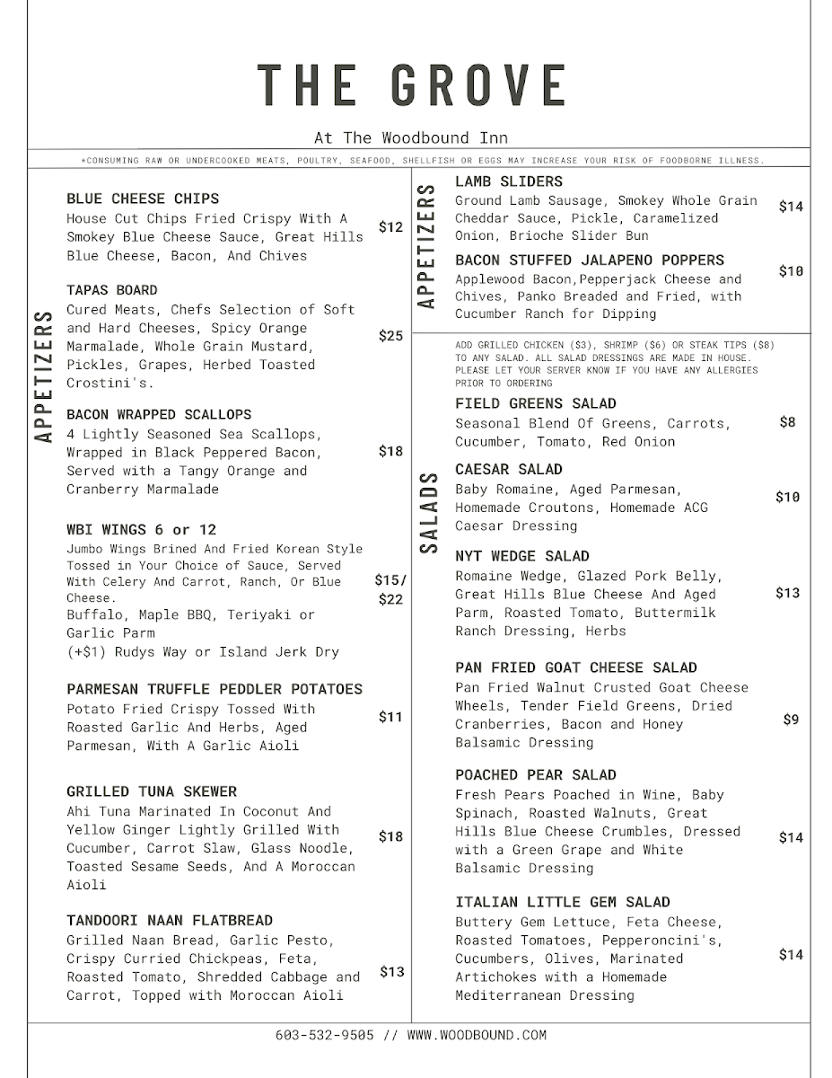 The Grove At Woodbound Inn menu board