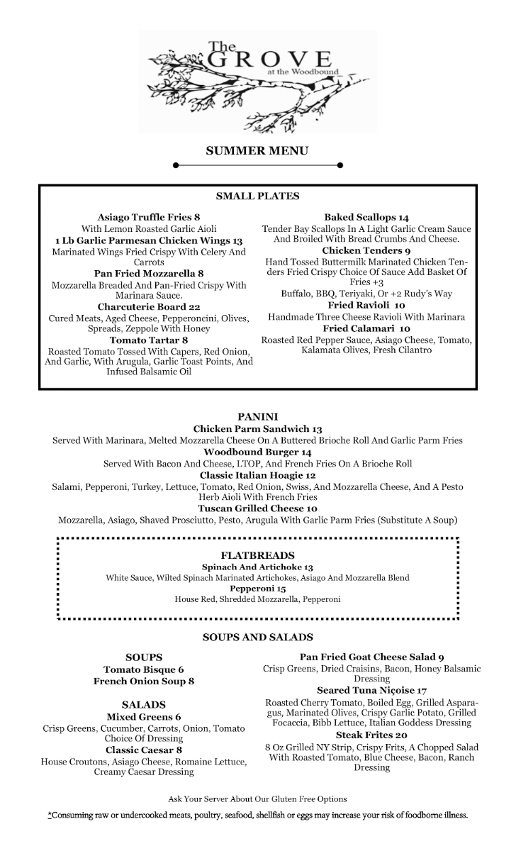 The Grove At Woodbound Inn menu board