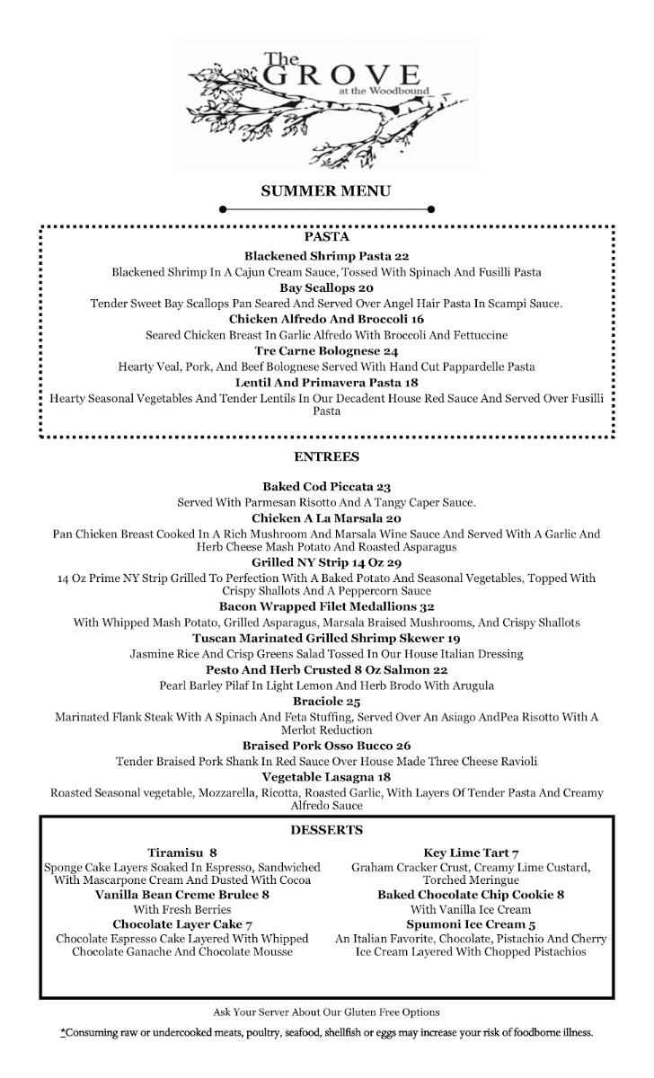 The Grove At Woodbound Inn menu board