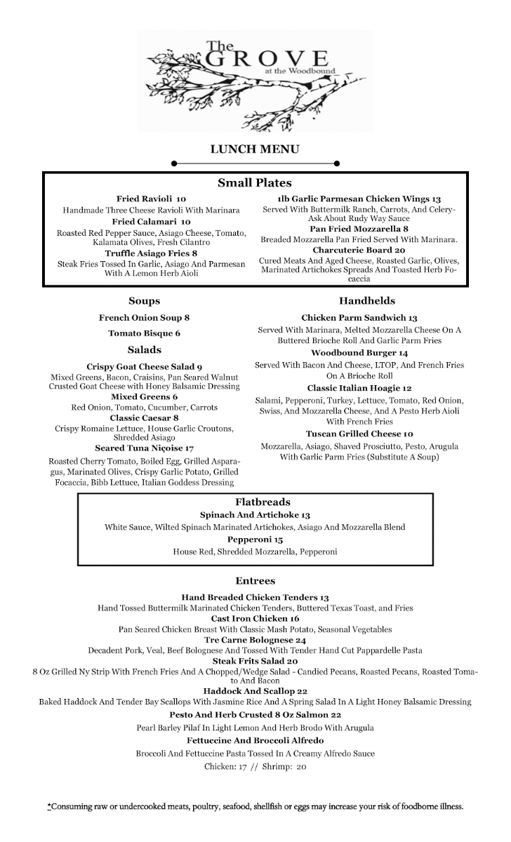 The Grove At Woodbound Inn menu board