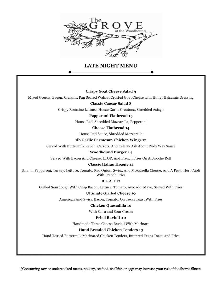 The Grove At Woodbound Inn menu board