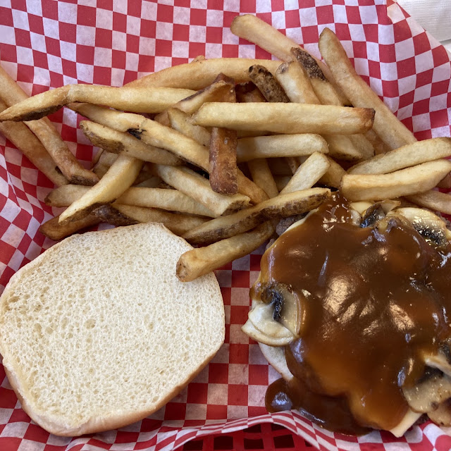 Mushroom Swiss Burger and Fries