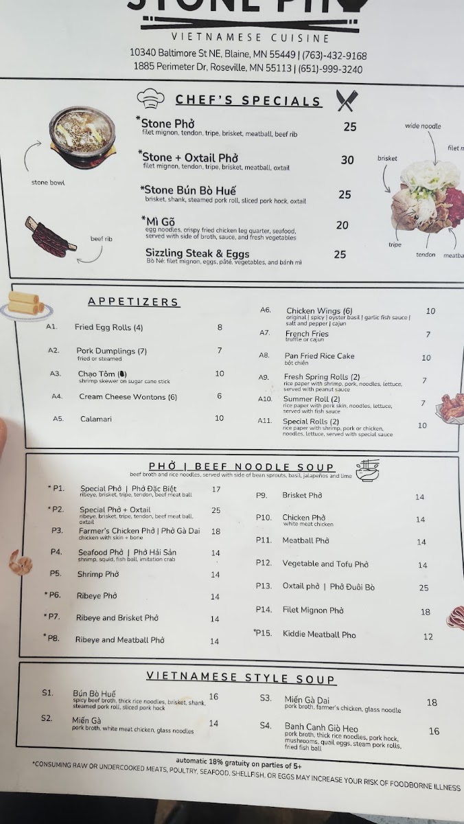 Stone Pho menu board