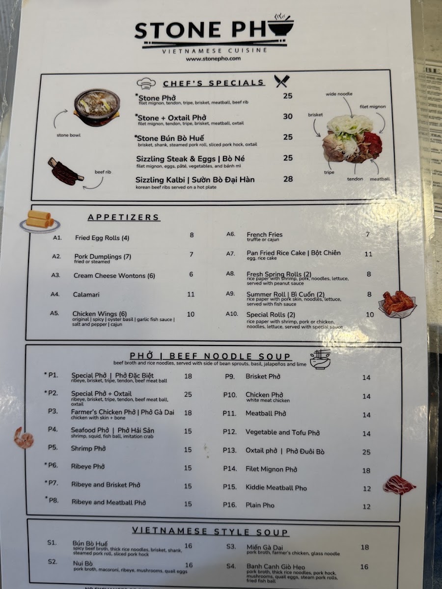 Stone Pho menu board