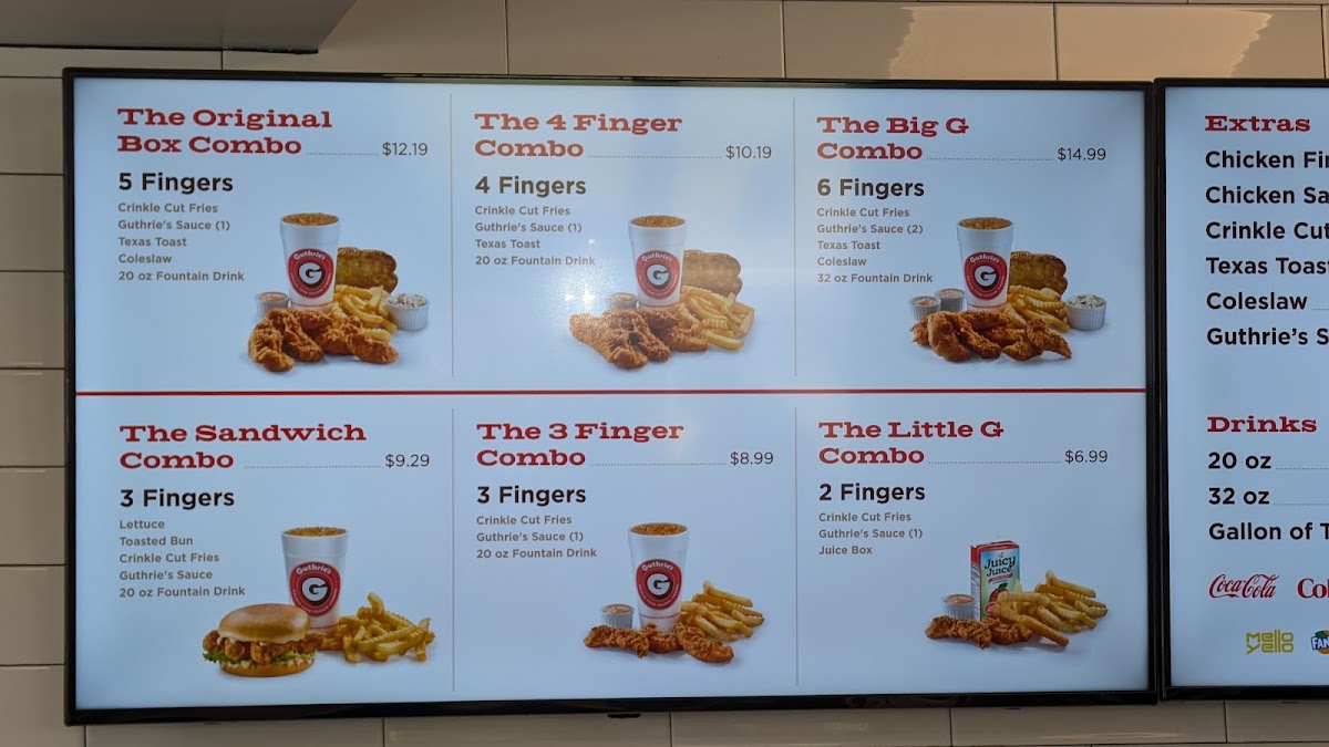 Guthrie’s Golden Fried Chicken Fingers menu board
