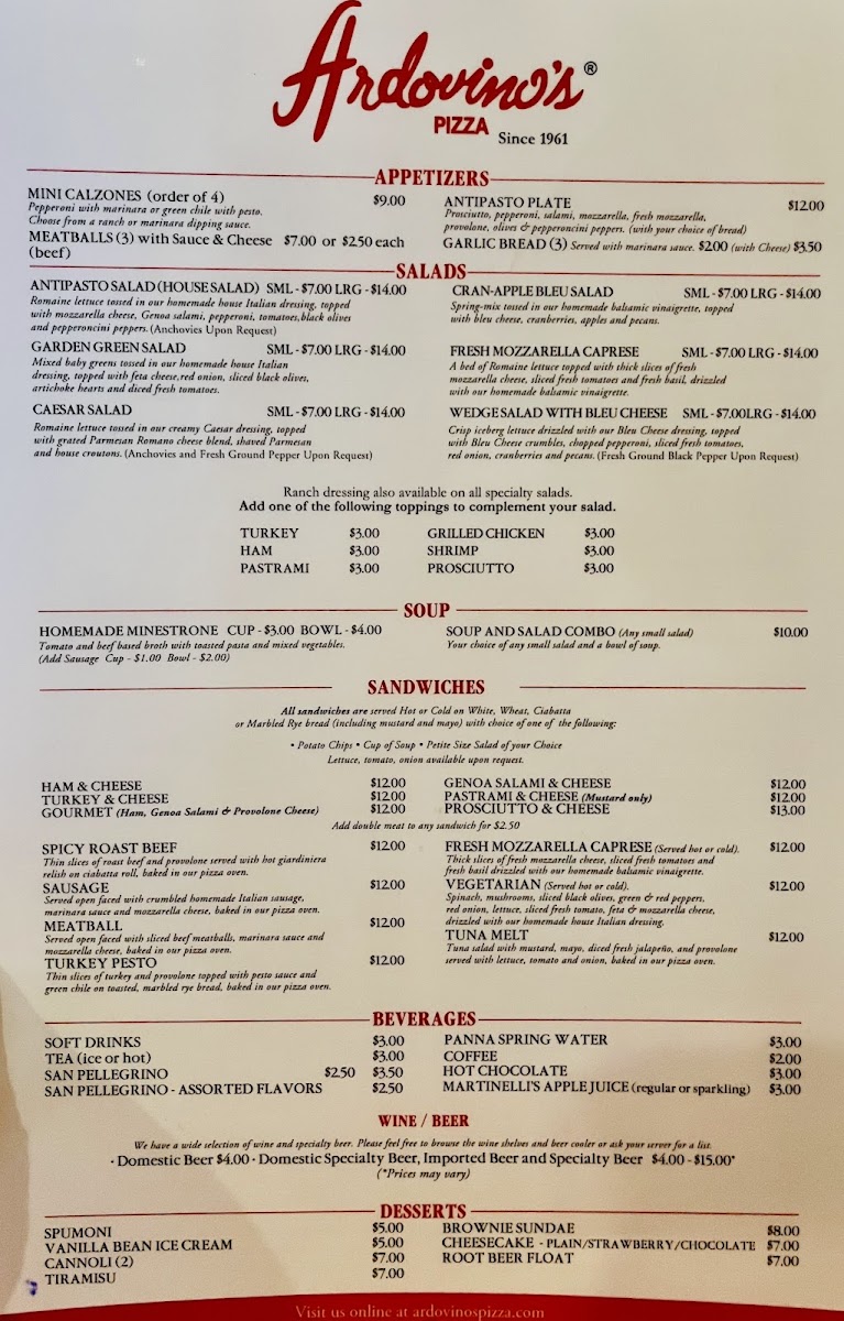 Ardovino's Pizza 2 menu board