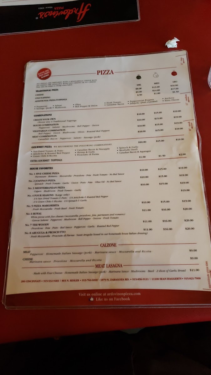 Ardovino's Pizza 2 menu board