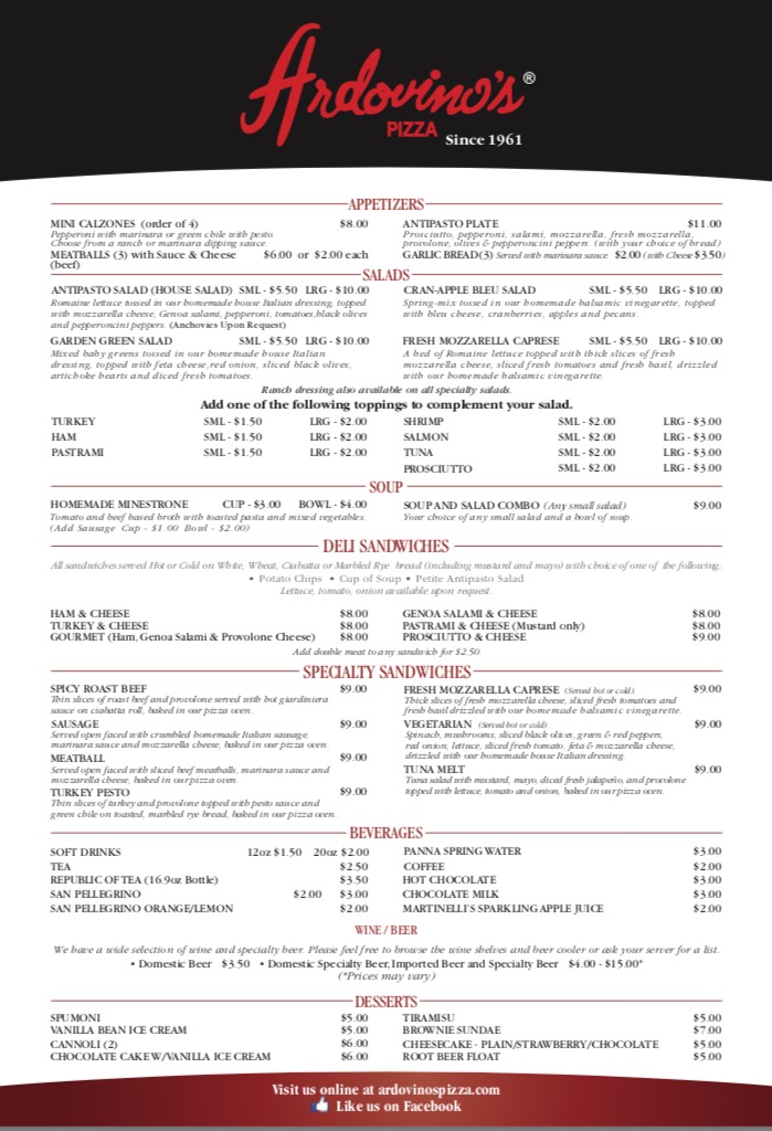 Ardovino's Pizza 2 menu board