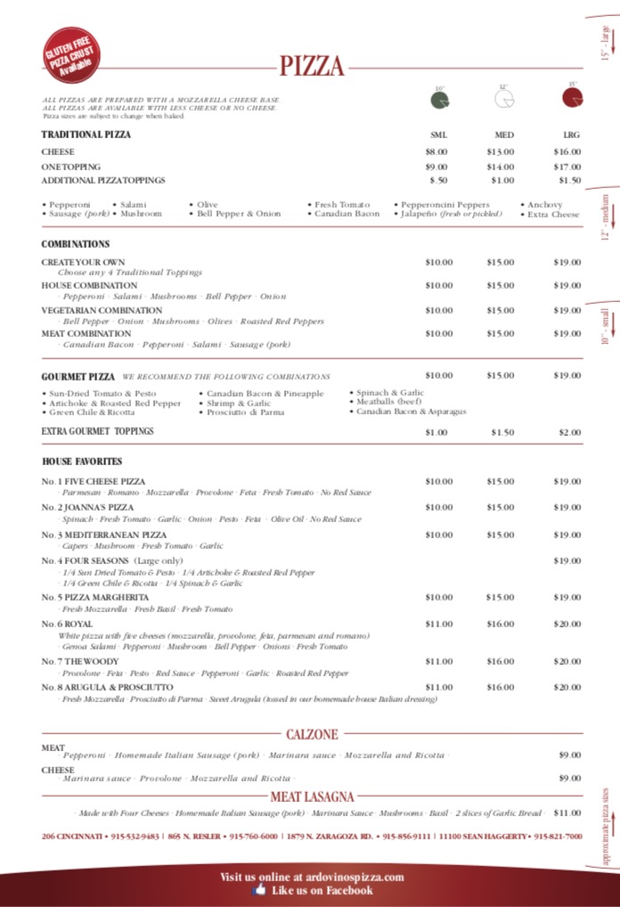 Ardovino's Pizza 2 menu board