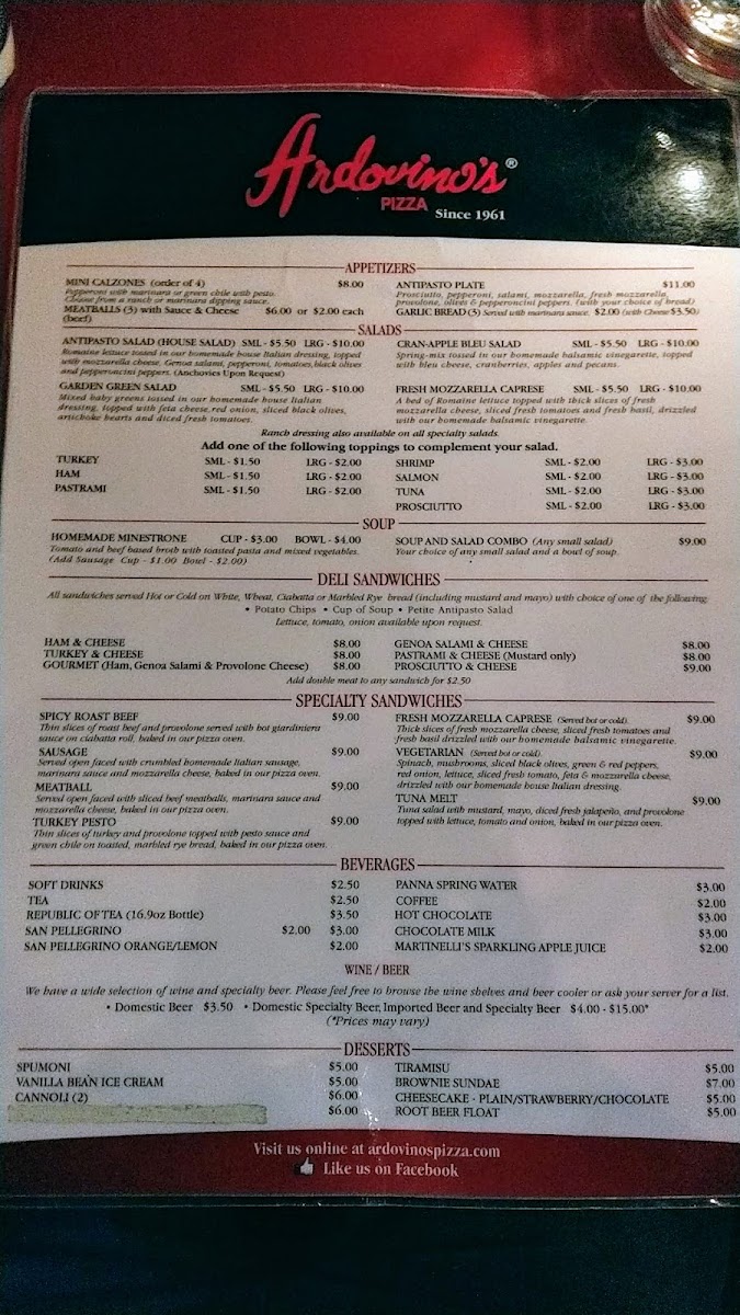Ardovino's Pizza 2 menu board