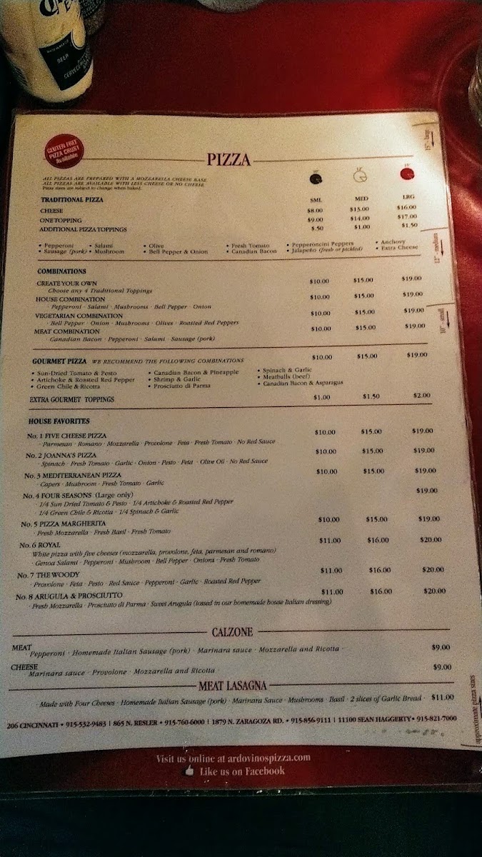 Ardovino's Pizza 2 menu board