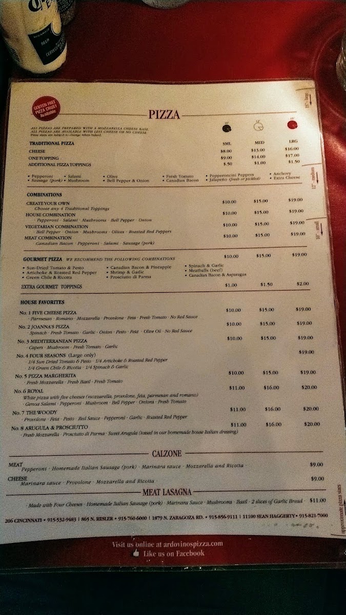 Ardovino's Pizza 2 menu board