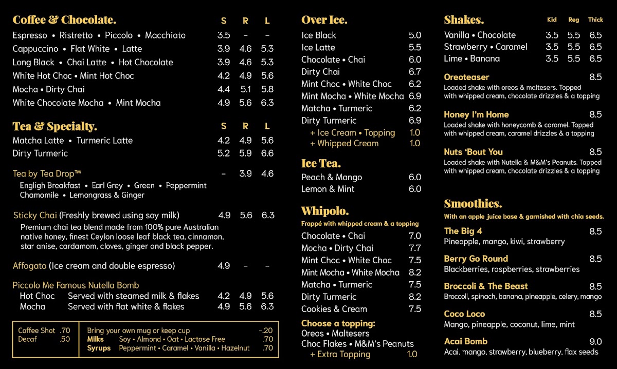 Piccolo Me ICW Wollongong menu board